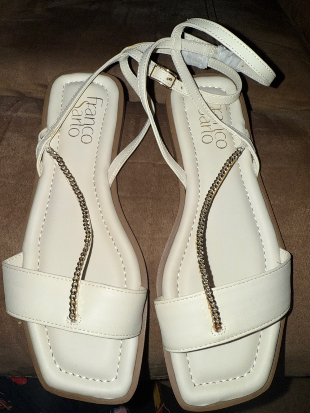 Franco Sarto Ivory Ankle-Strap Sandals with Gold Chain Trim New Size 6.5 - Picture 3 of 6